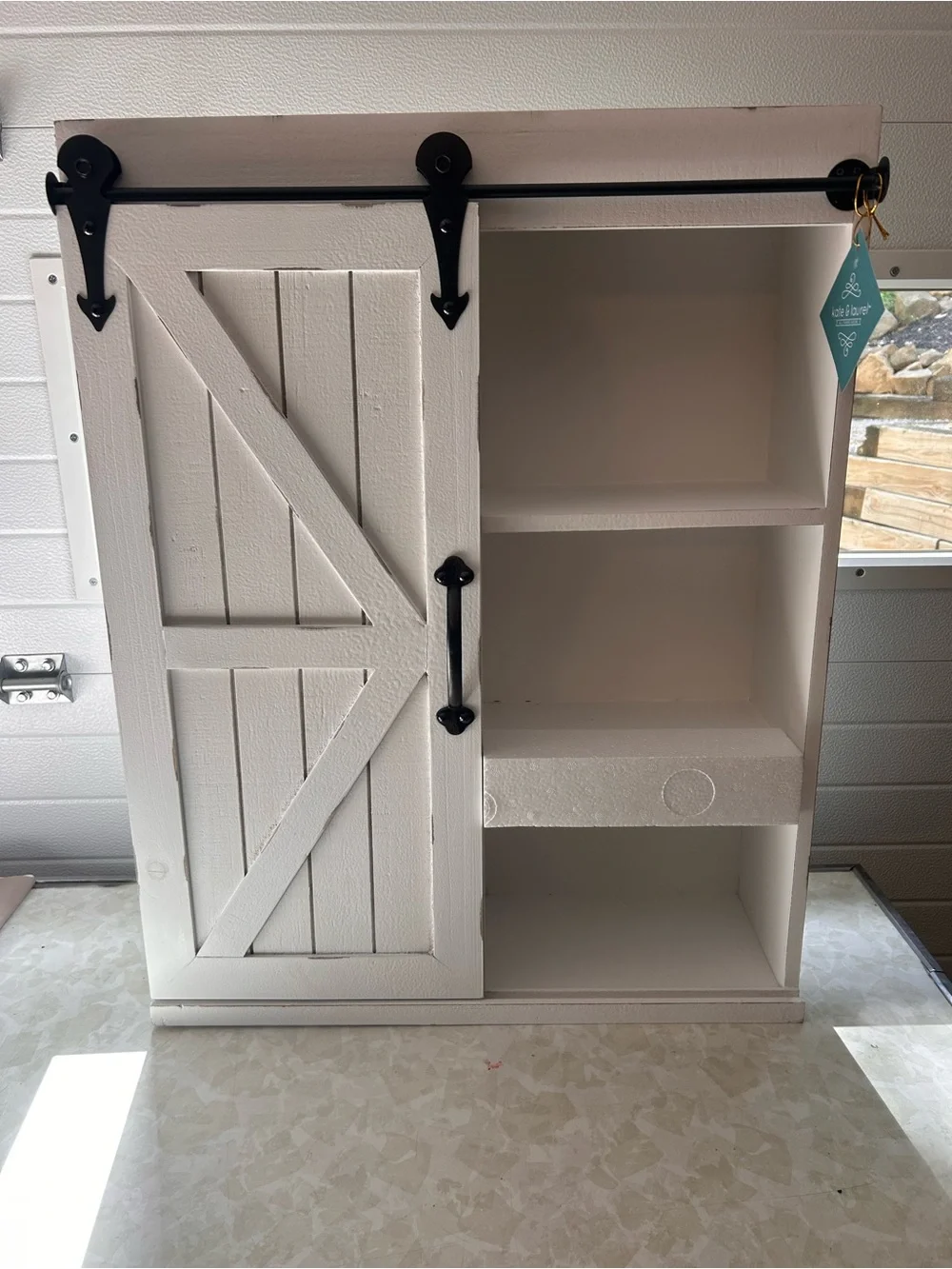 Kate and Laurel White Barn Door Bathroom Shelf with Black Hardware